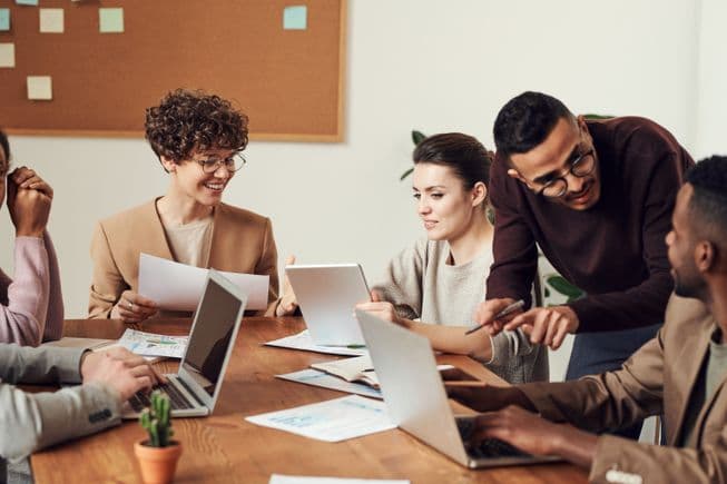 Team discussion in a collaborative workspace